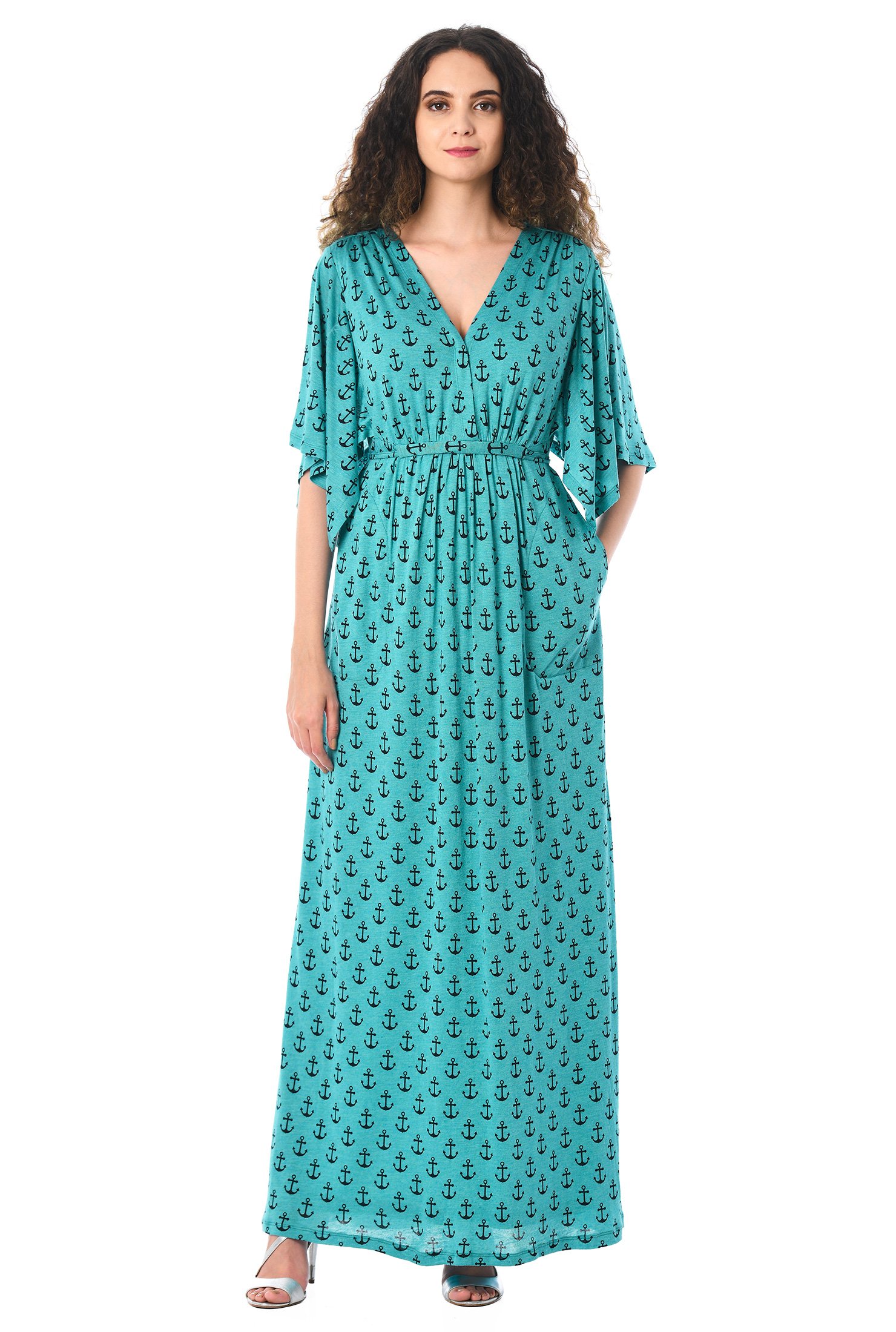 Shop Split kimono sleeve anchor print cotton knit maxi dress | eShakti