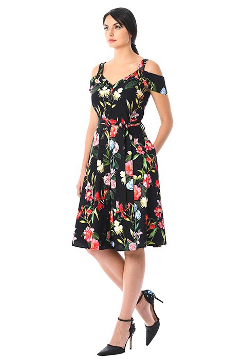 Shop Cold-shoulder floral print crepe dress | eShakti