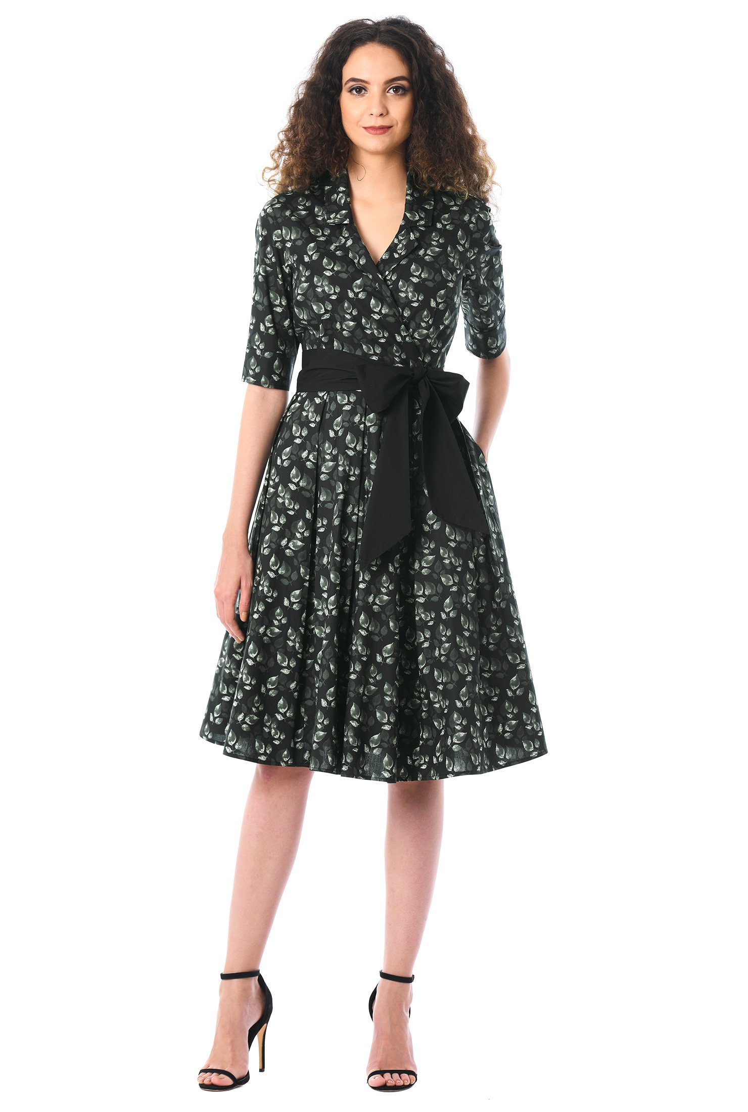 Shop Notch collar leaf print cotton surplice dress | eShakti