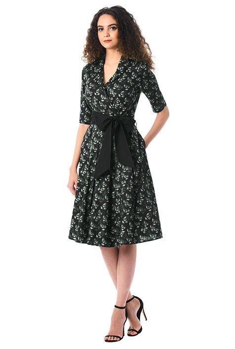 Shop Notch collar leaf print cotton surplice dress | eShakti