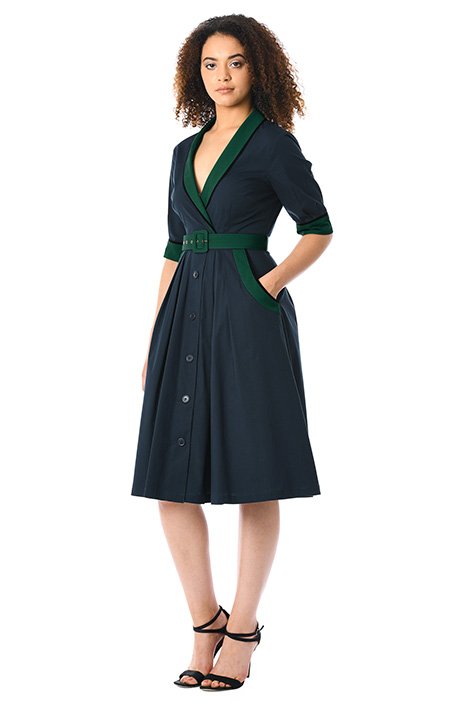 Shop Contrast trim cotton poplin belted dress | eShakti