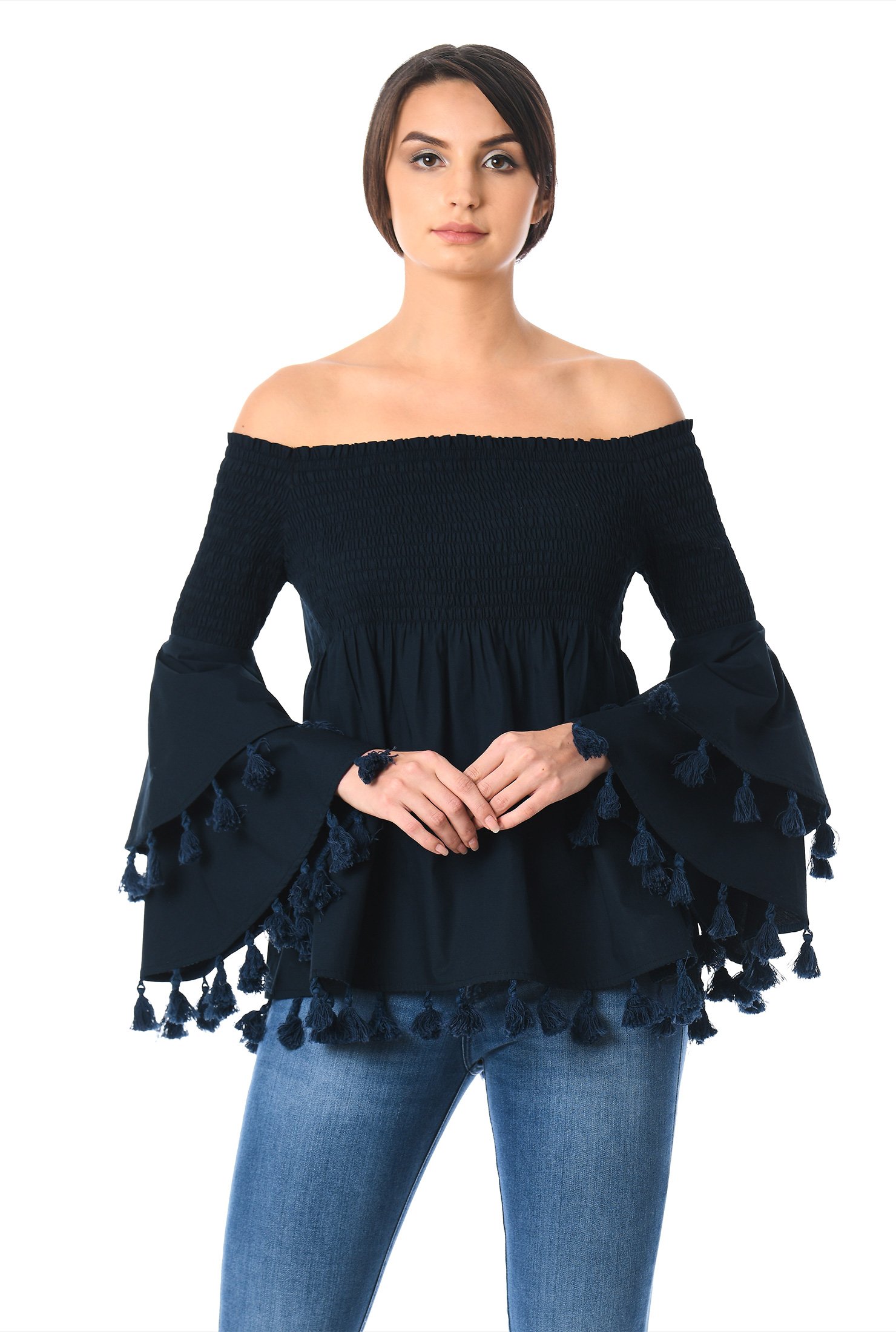 Shop Off-the-shoulder smocked poplin blouse | eShakti