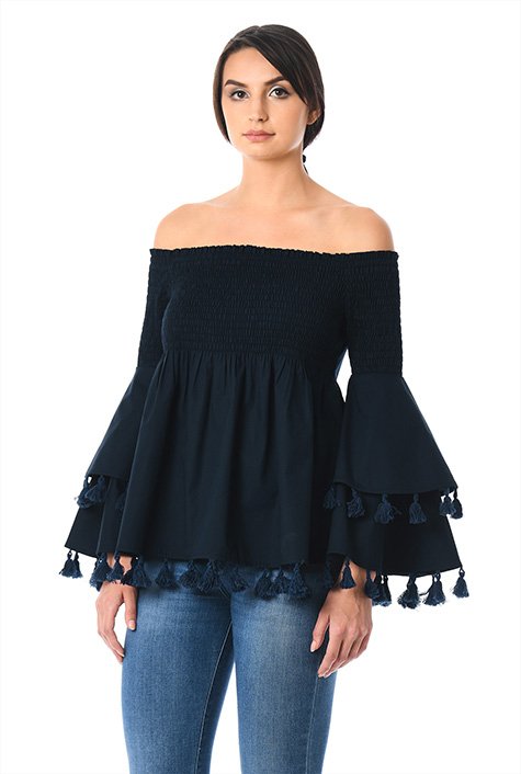 Shop Off-the-shoulder smocked poplin blouse | eShakti