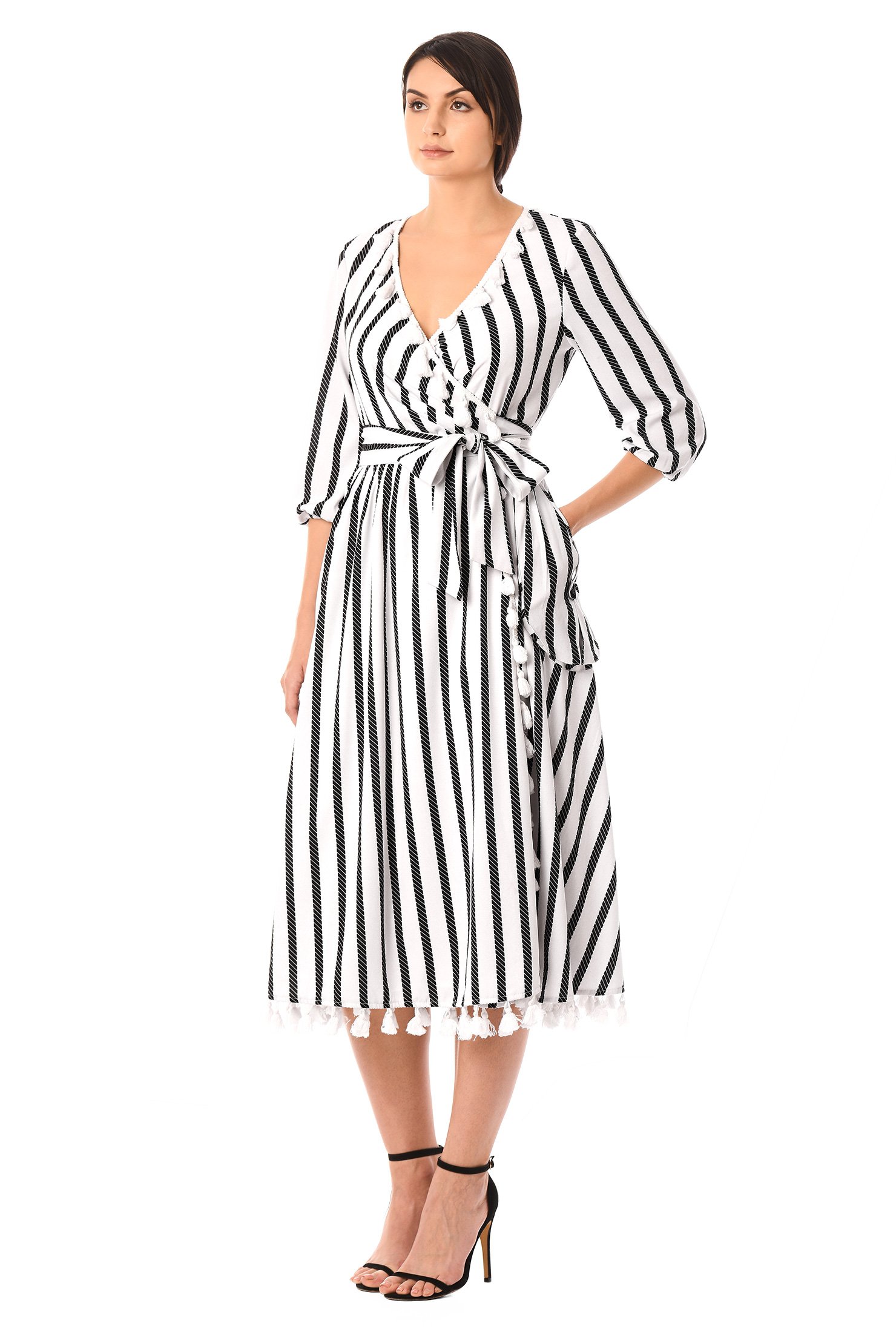 Shop Stripe print pom pom trim crepe wrap dress | eShakti