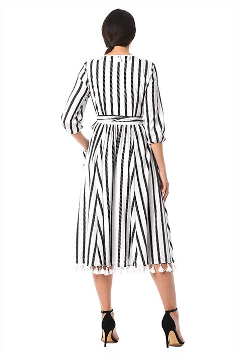 Shop Stripe print pom pom trim crepe wrap dress | eShakti