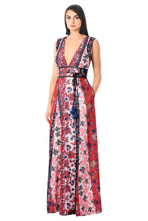 Shop Plunge floral print sequin georgette maxi dress | eShakti