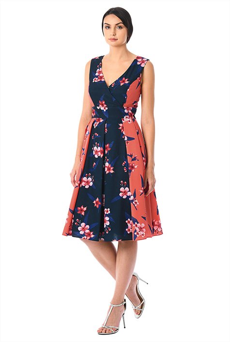 Shop Two-tone floral print crepe surplice dress | eShakti