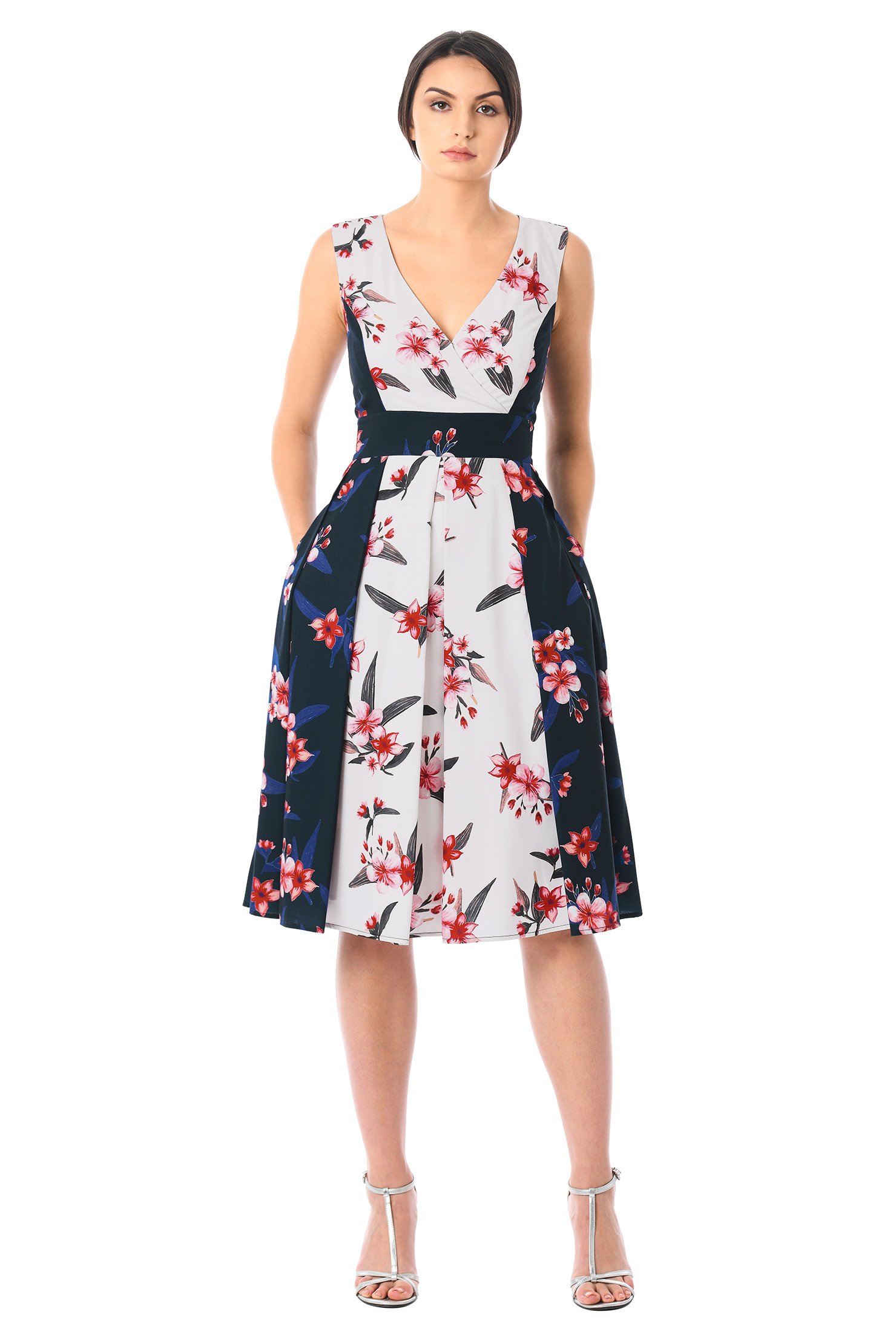 Shop Two-tone floral print crepe surplice dress | eShakti