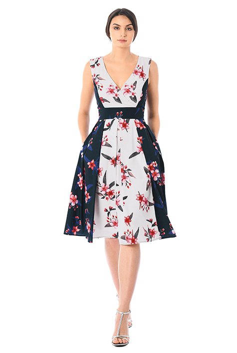 Shop Two-tone floral print crepe surplice dress | eShakti