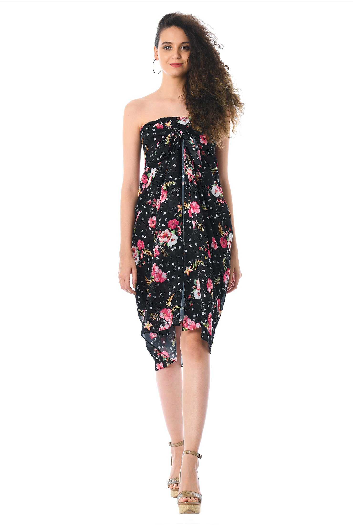 Shop Tie front hibiscus print georgette strapless dress | eShakti