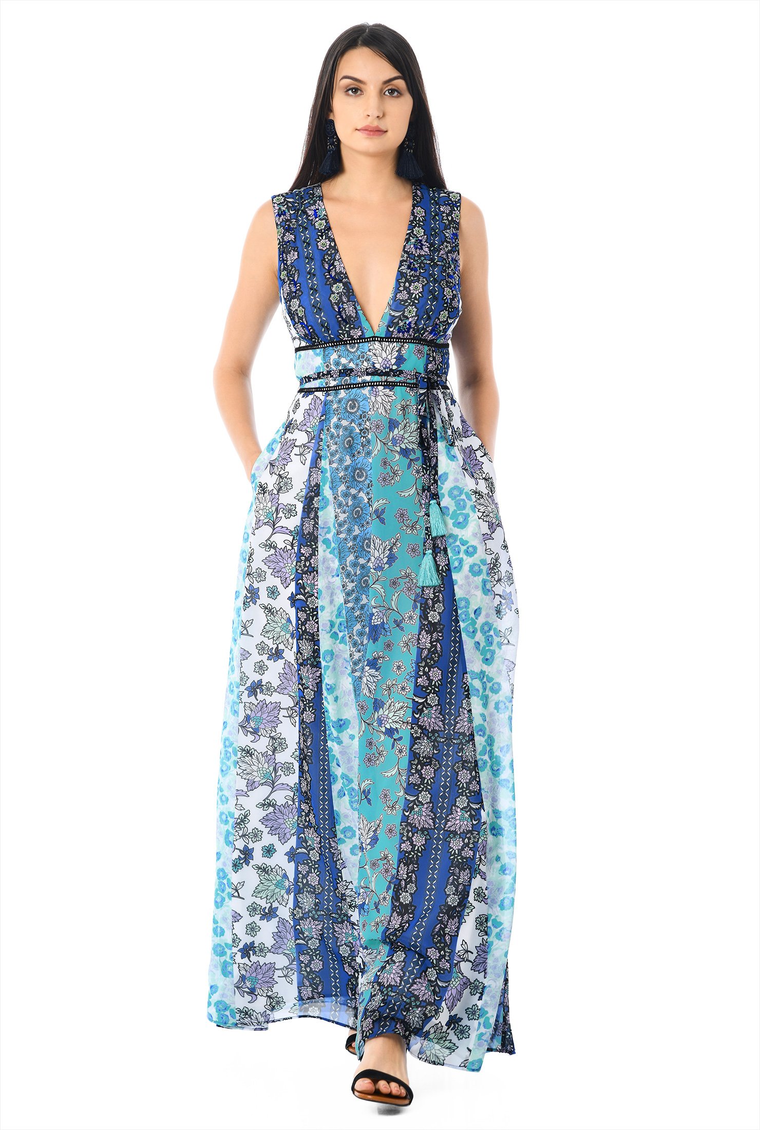 Shop Plunge floral print sequin georgette maxi dress | eShakti