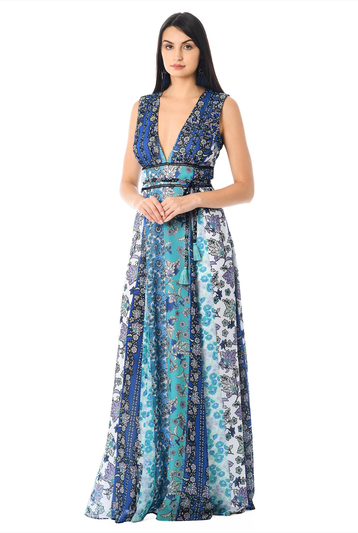 Shop Plunge floral print sequin georgette maxi dress | eShakti