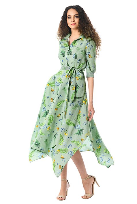 Shop Stripe floral print crepe handkerchief hem dress | eShakti