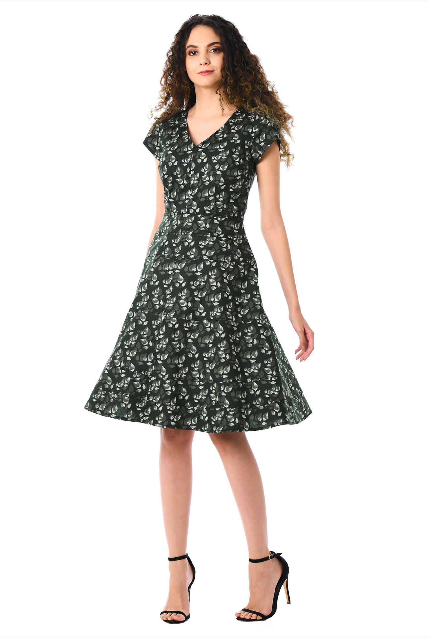 Shop Top-stitch stripe leaf print cotton Aline dress | eShakti