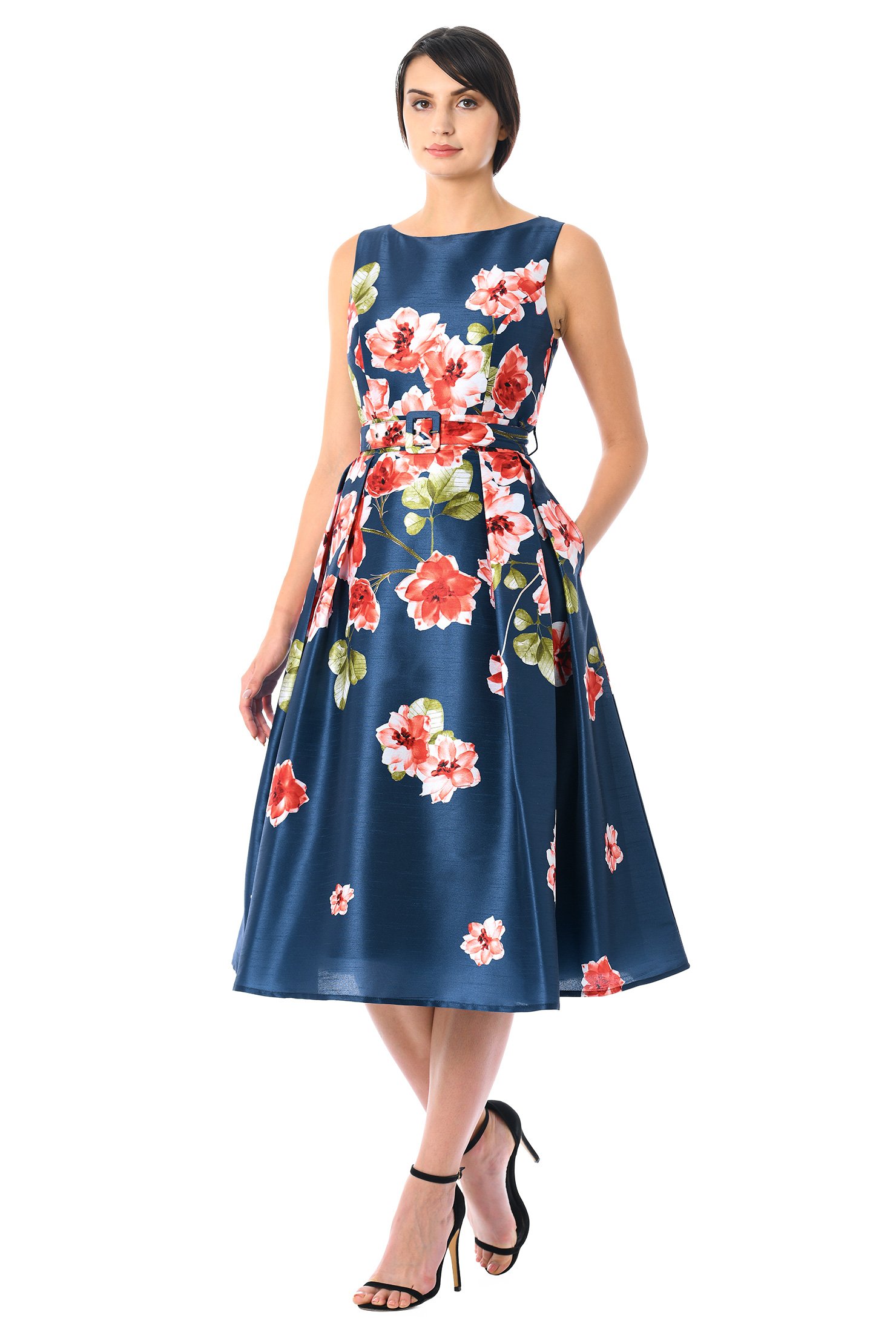 Shop Floral print dupioni belted dress | eShakti