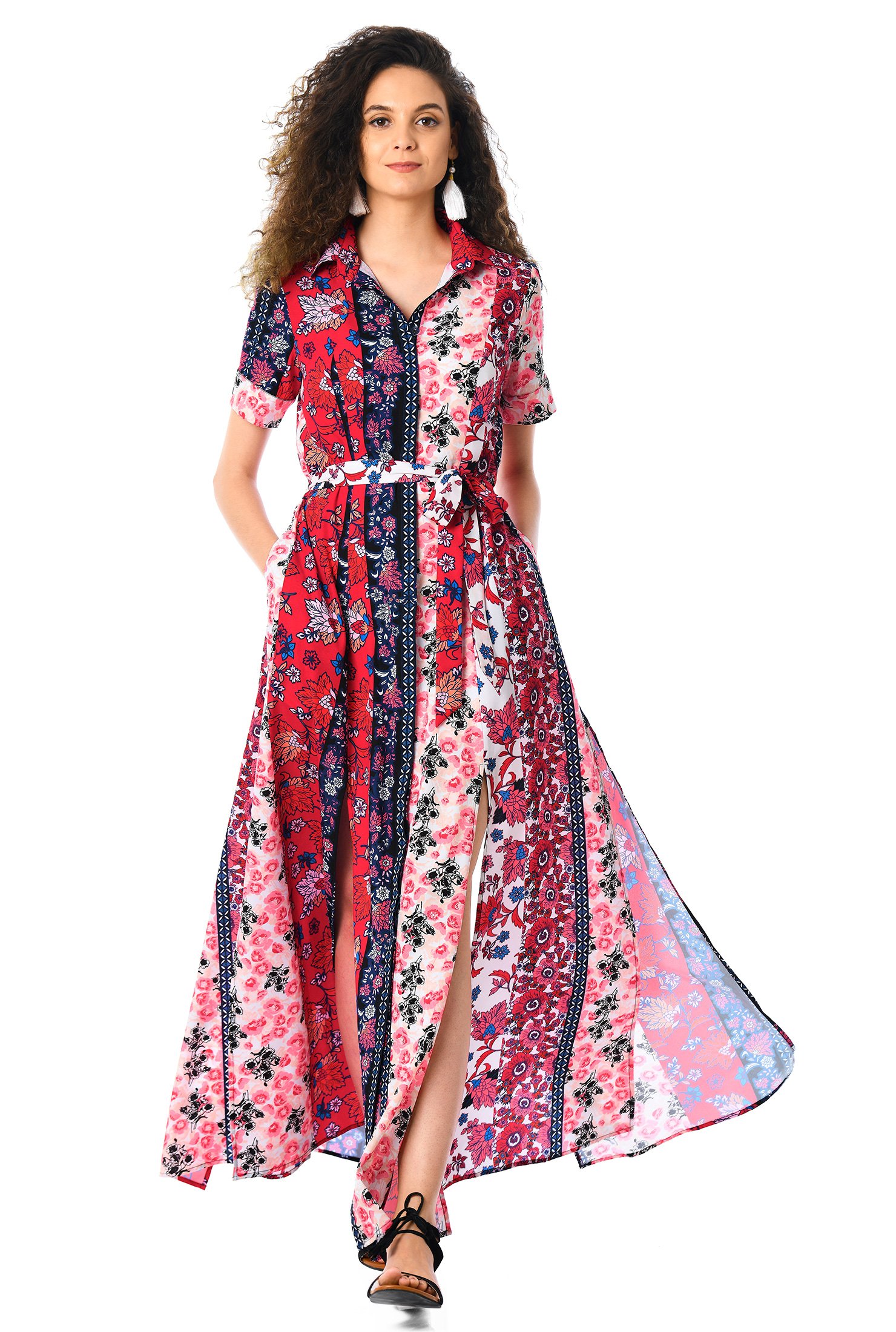 Shop Linear floral print crepe sash shirtdress | eShakti