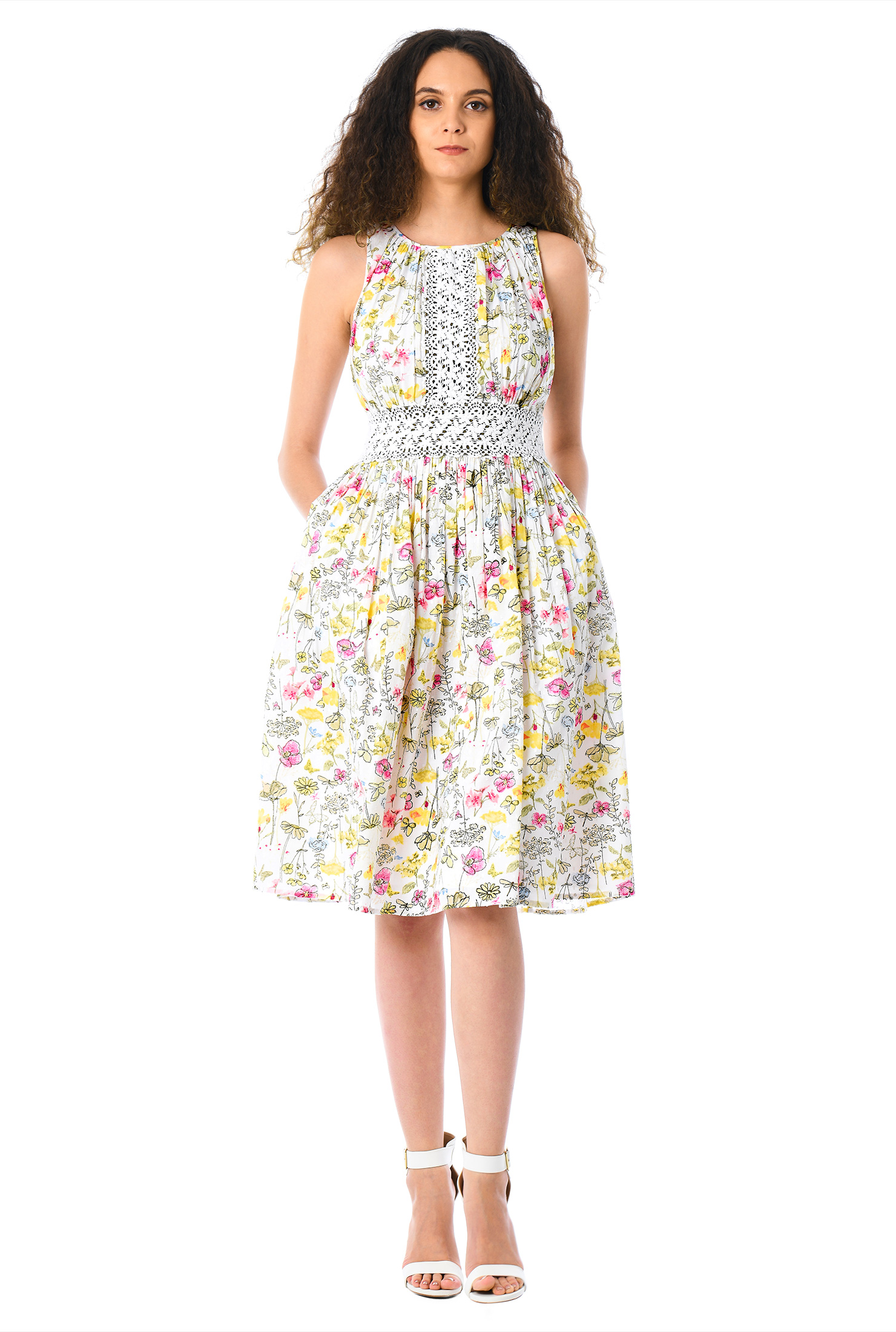 Shop Floral print cotton lace trim ruched dress eShakti