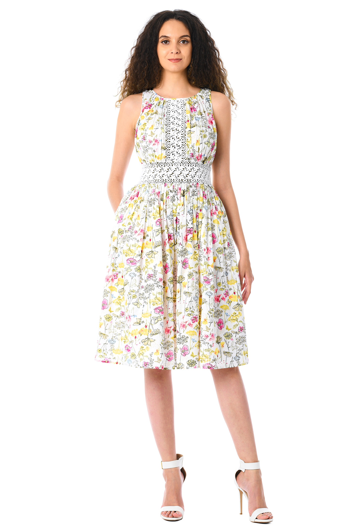 Shop Floral print cotton lace trim ruched dress eShakti