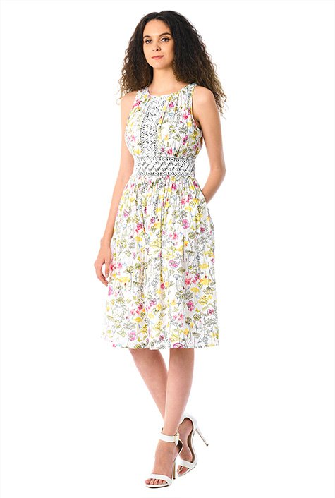Shop Floral print cotton lace trim ruched dress | eShakti