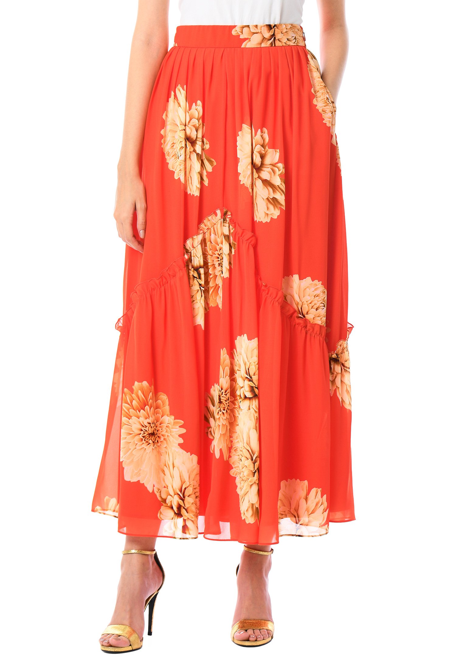 Shop Ruffle floral print georgette tier maxi skirt | eShakti