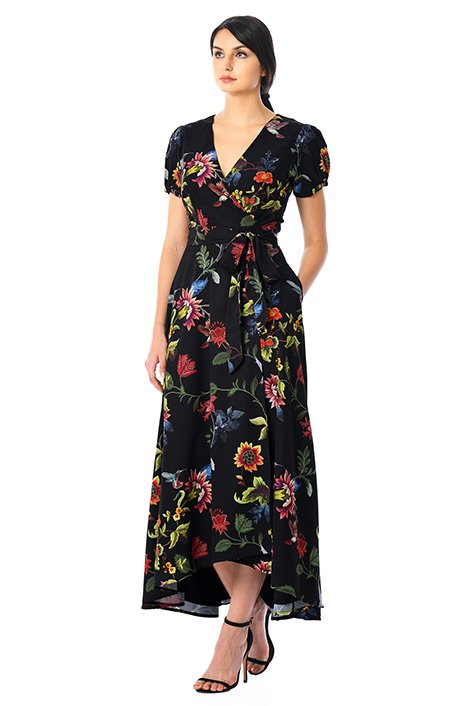 Shop Tropical floral print crepe wrap dress | eShakti