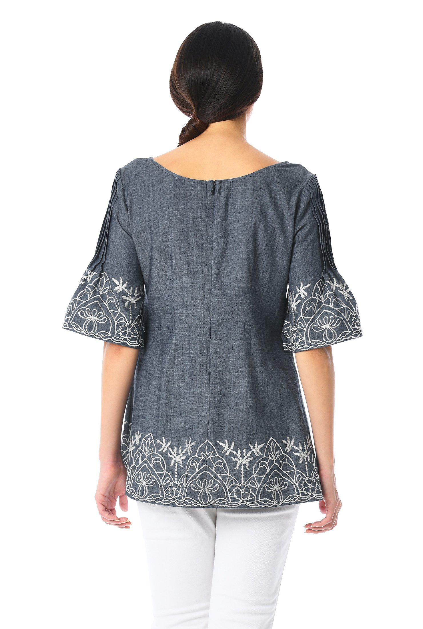 Shop Pintuck Pleat Floral Embellished Chambray Top Eshakti