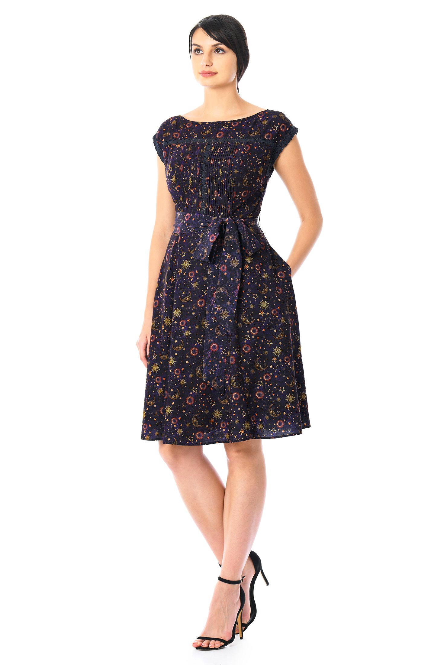 Shop Pintuck pleat lace trim constellation print crepe dress | eShakti