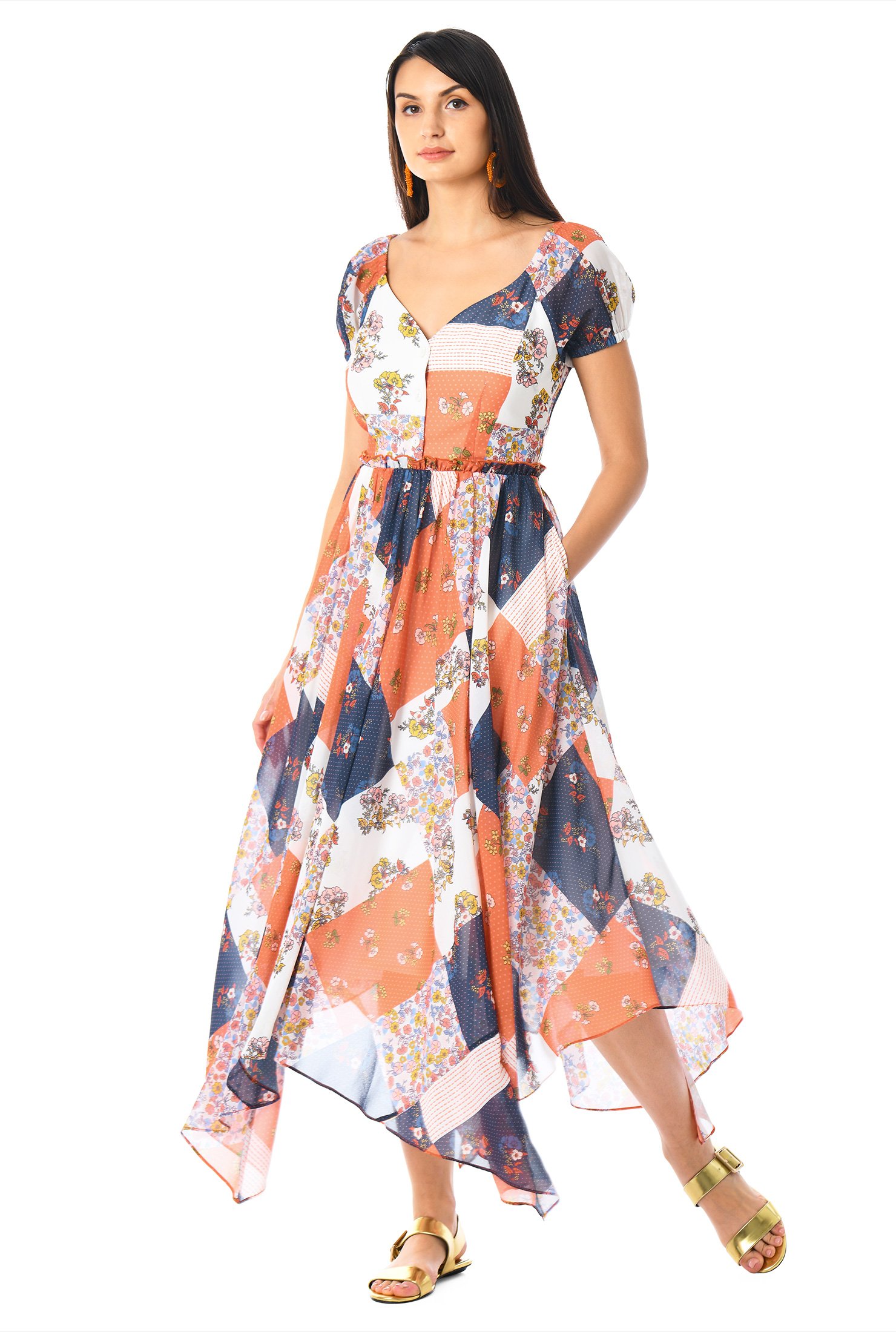 Shop Handkerchief hem floral patch print georgette dress | eShakti