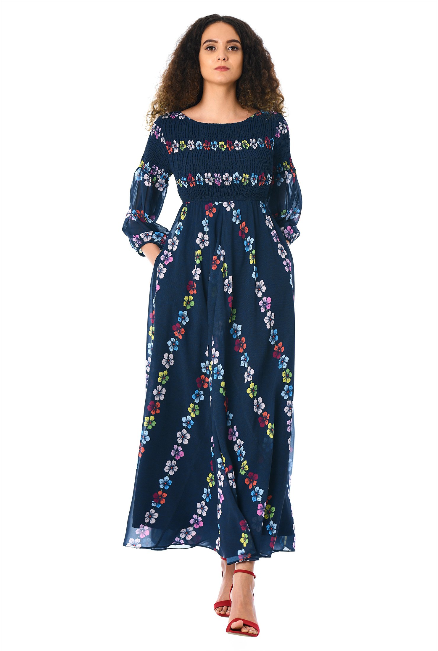 Shop Floral chevron empire smocked georgette maxi dress | eShakti