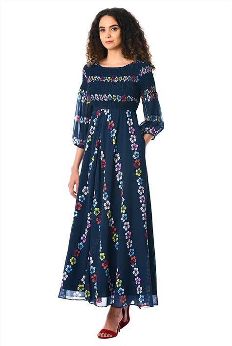 Shop Floral chevron empire smocked georgette maxi dress | eShakti