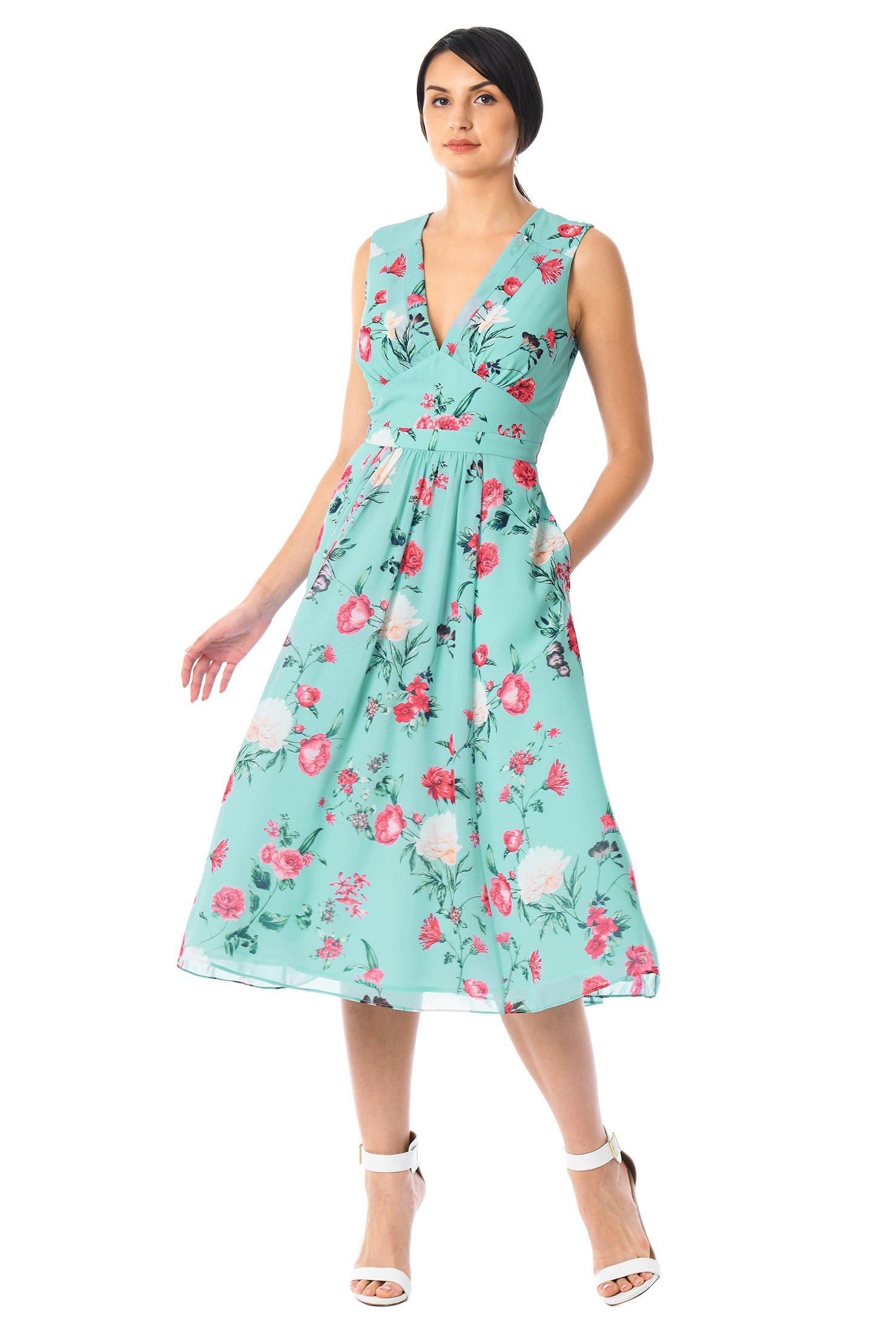 Shop Pleated empire floral print georgette dress | eShakti