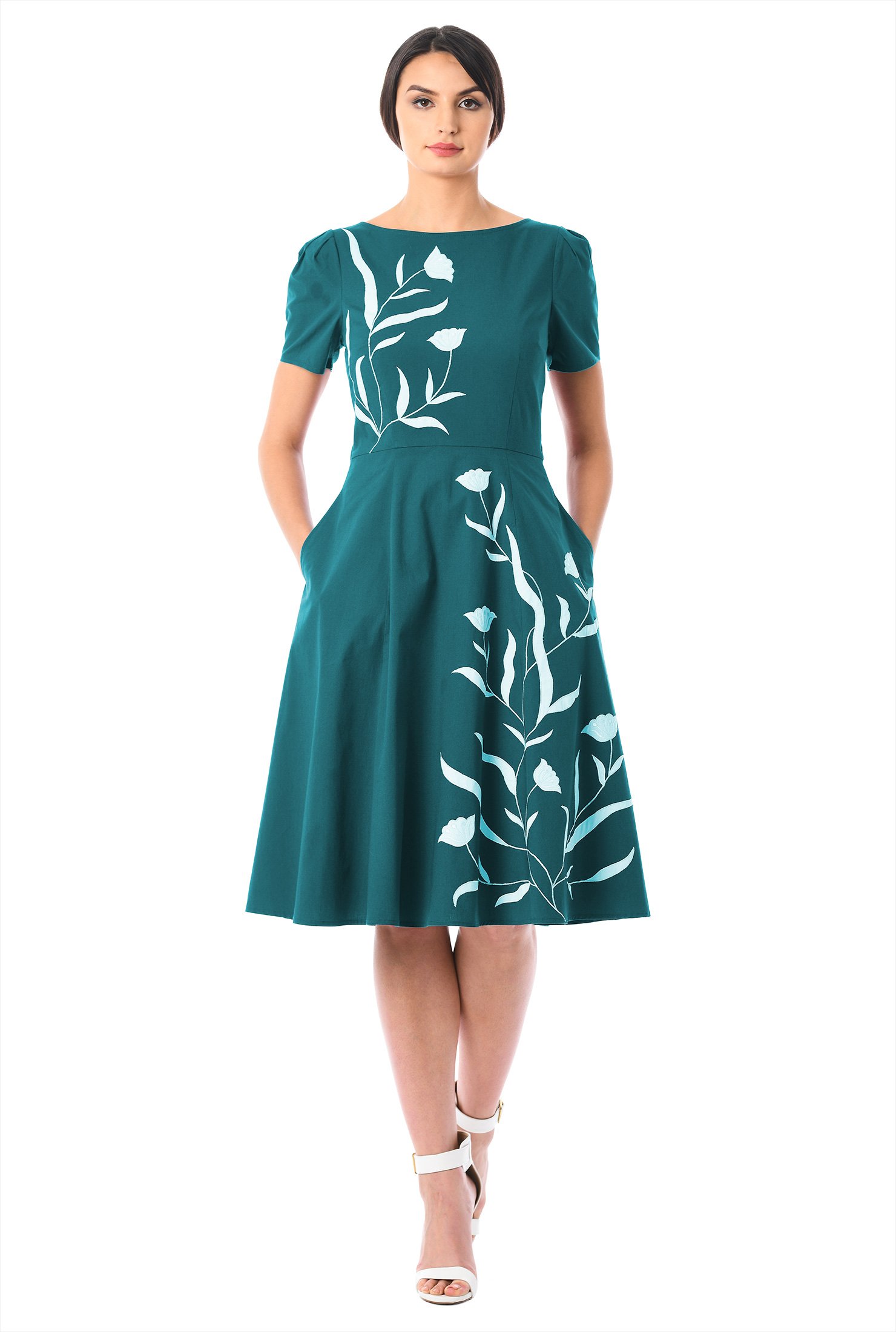 Shop Puff sleeve floral applique cotton poplin dress | eShakti