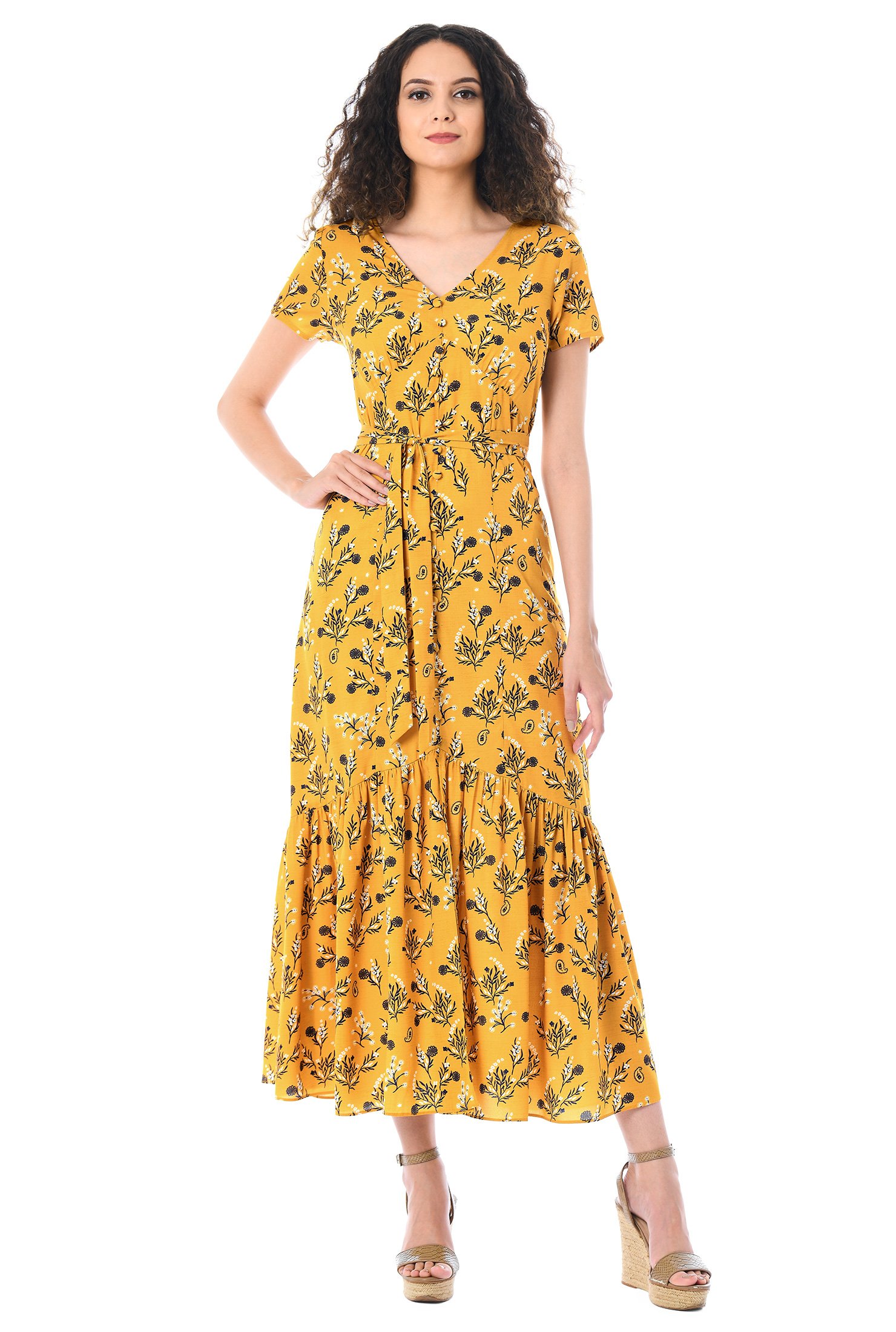 Shop Flounce hem floral print crepe empire dress | eShakti