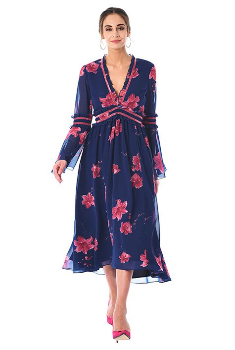 Shop Plunge floral print ruffle georgette dress | eShakti