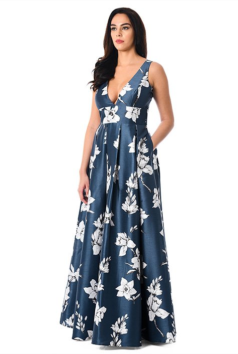 Shop Plunge floral print dupioni dress | eShakti