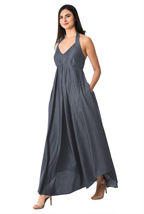 Cotton chambray halter maxi dress