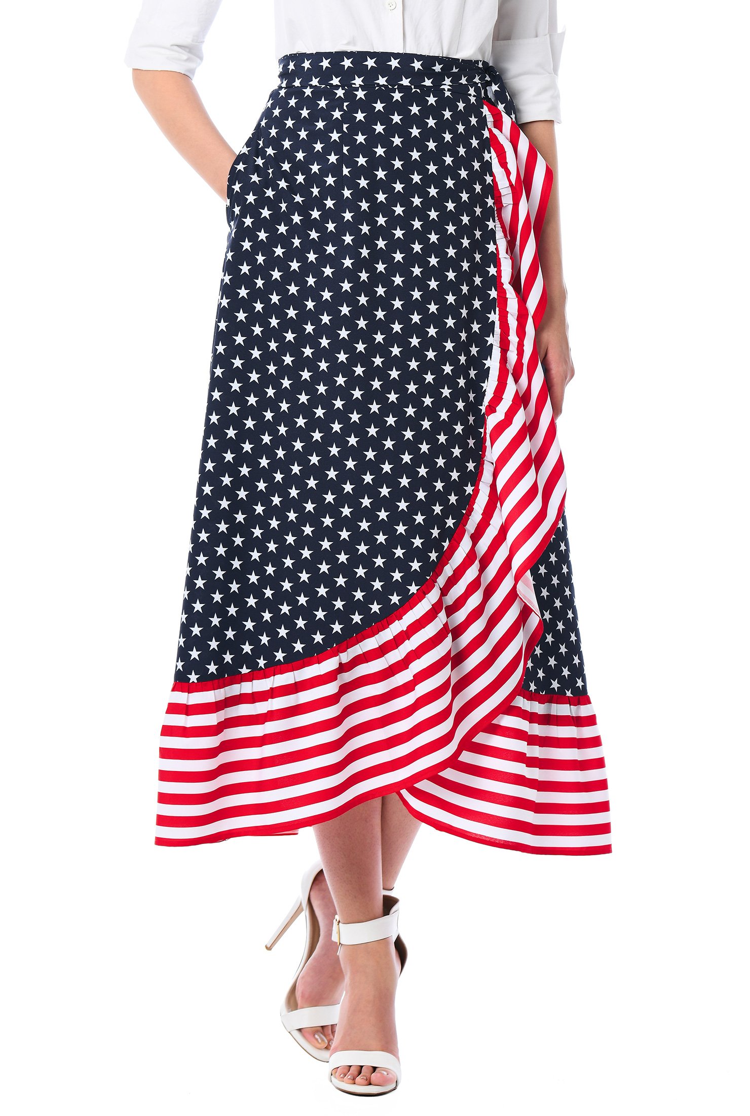 Shop Ruffle stars and stripes print crepe wrap skirt | eShakti