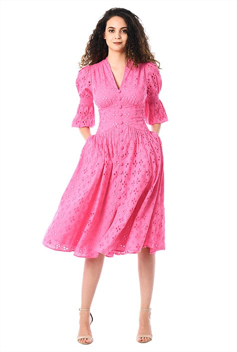 Shop Tiered puff sleeve cotton eyelet dress eShakti