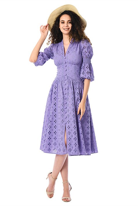 Shop Tiered puff sleeve cotton eyelet dress | eShakti