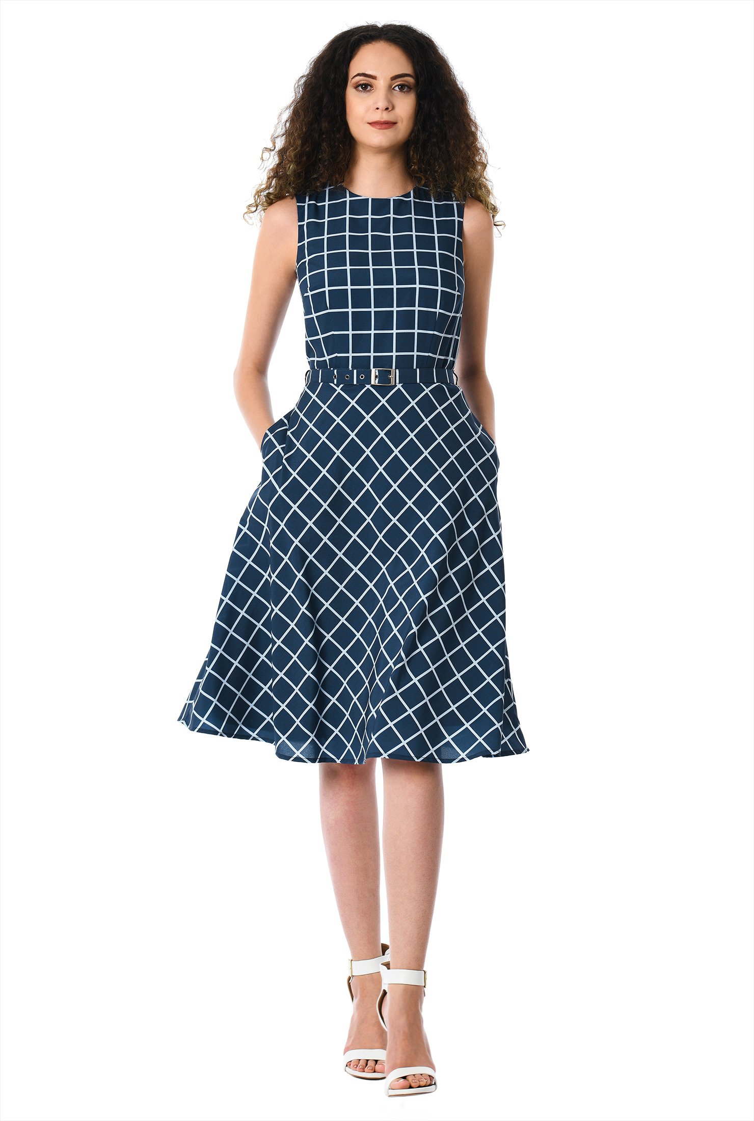 Shop Check print crepe belted dress | eShakti