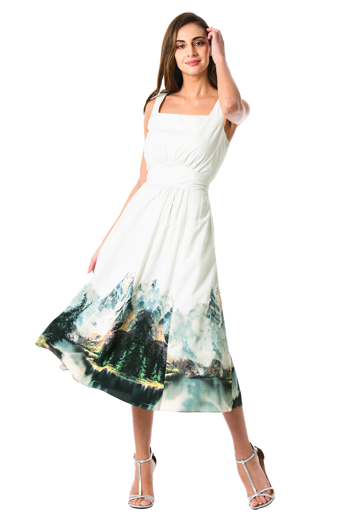 Shop Landscape print crepe banded empire dress | eShakti