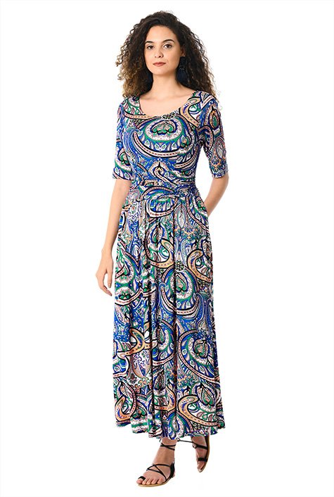 Shop Tile print ruched waist cotton knit dress | eShakti