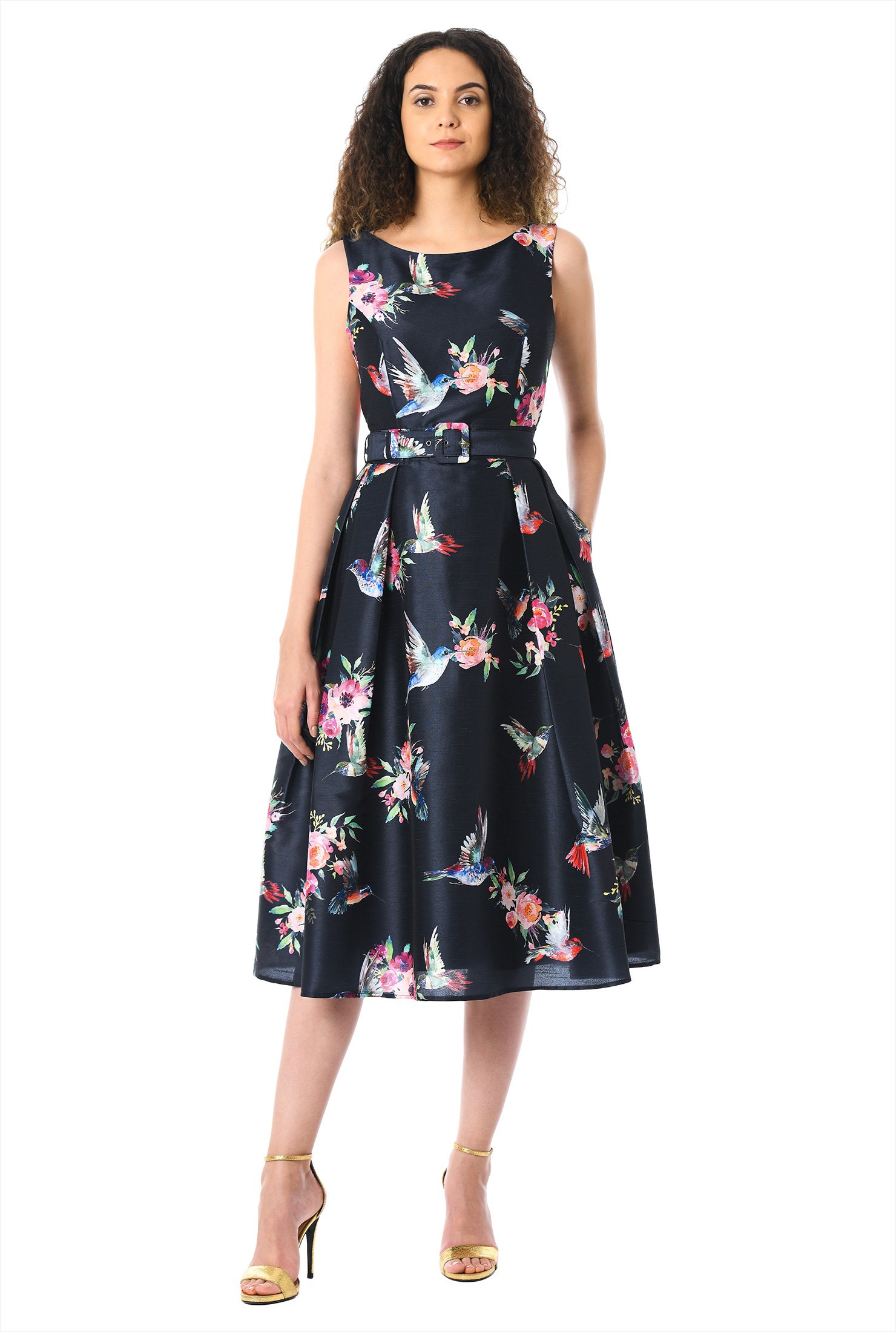 Shop Floral bird print dupioni belted dress | eShakti