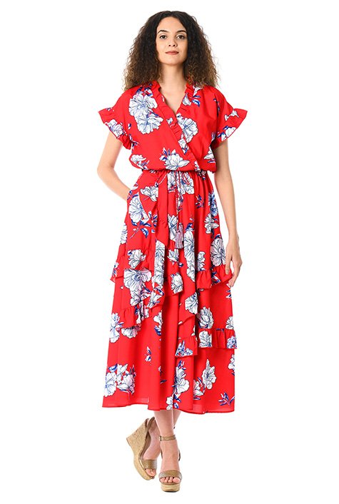 Shop Ruffle floral print crepe surplice dress | eShakti