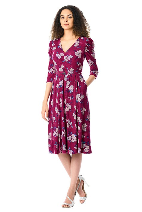 Shop Floral print cotton knit ruched sleeve dress | eShakti