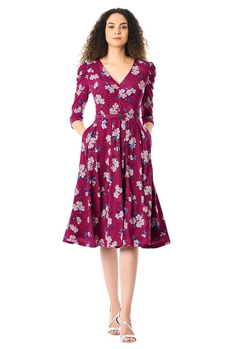 Shop Floral print cotton knit ruched sleeve dress | eShakti