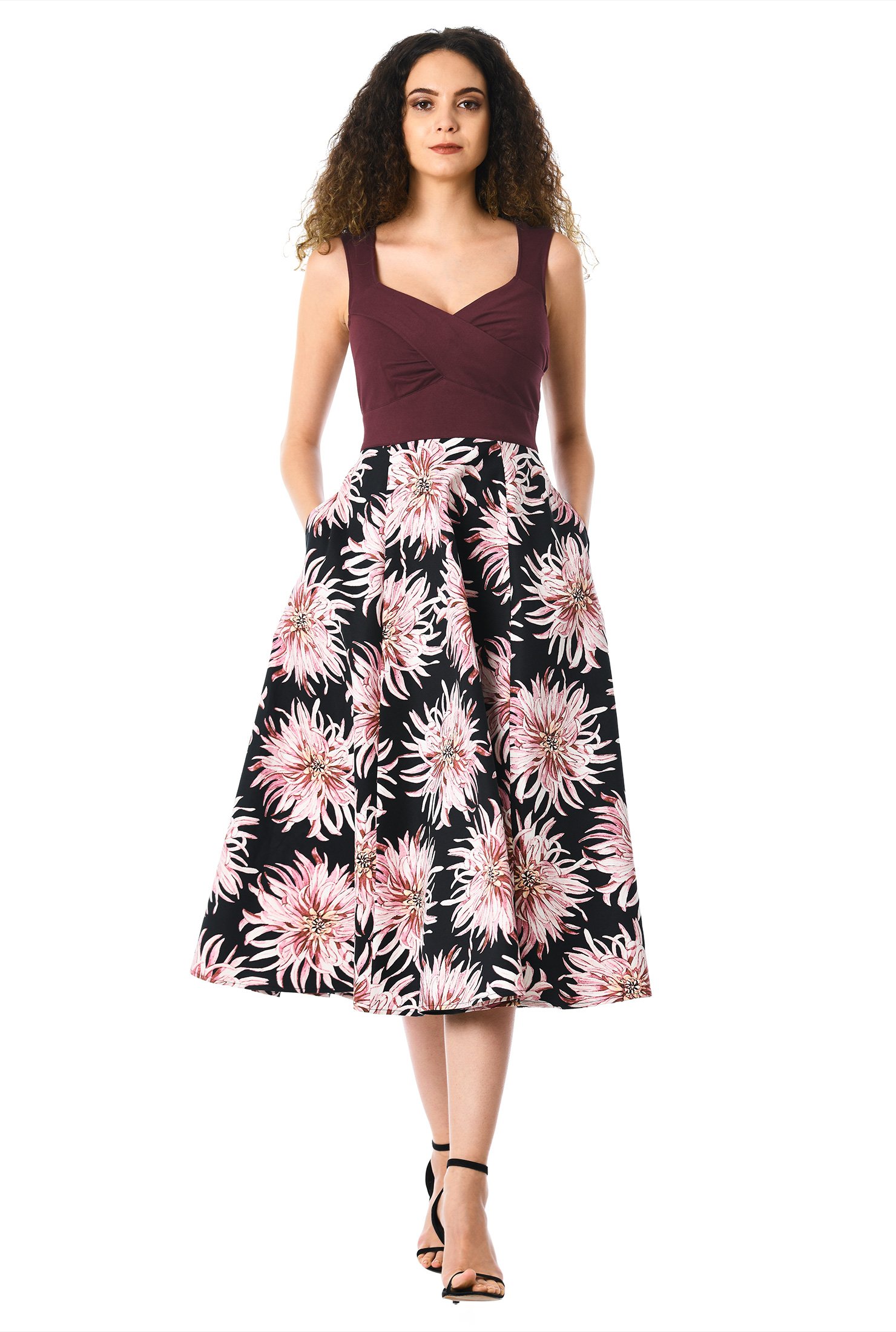 Shop Floral Print Mixed Media Sweetheart Dress | EShakti