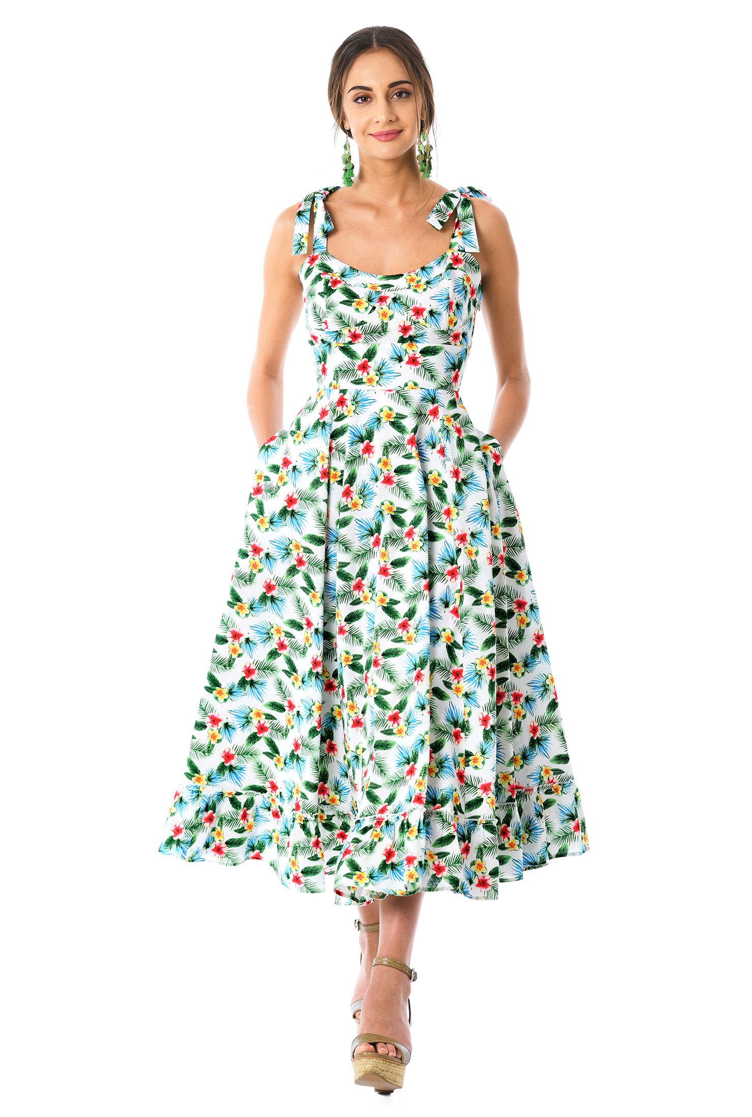 Shop Floral print corset style shoulder tie cotton dress | eShakti