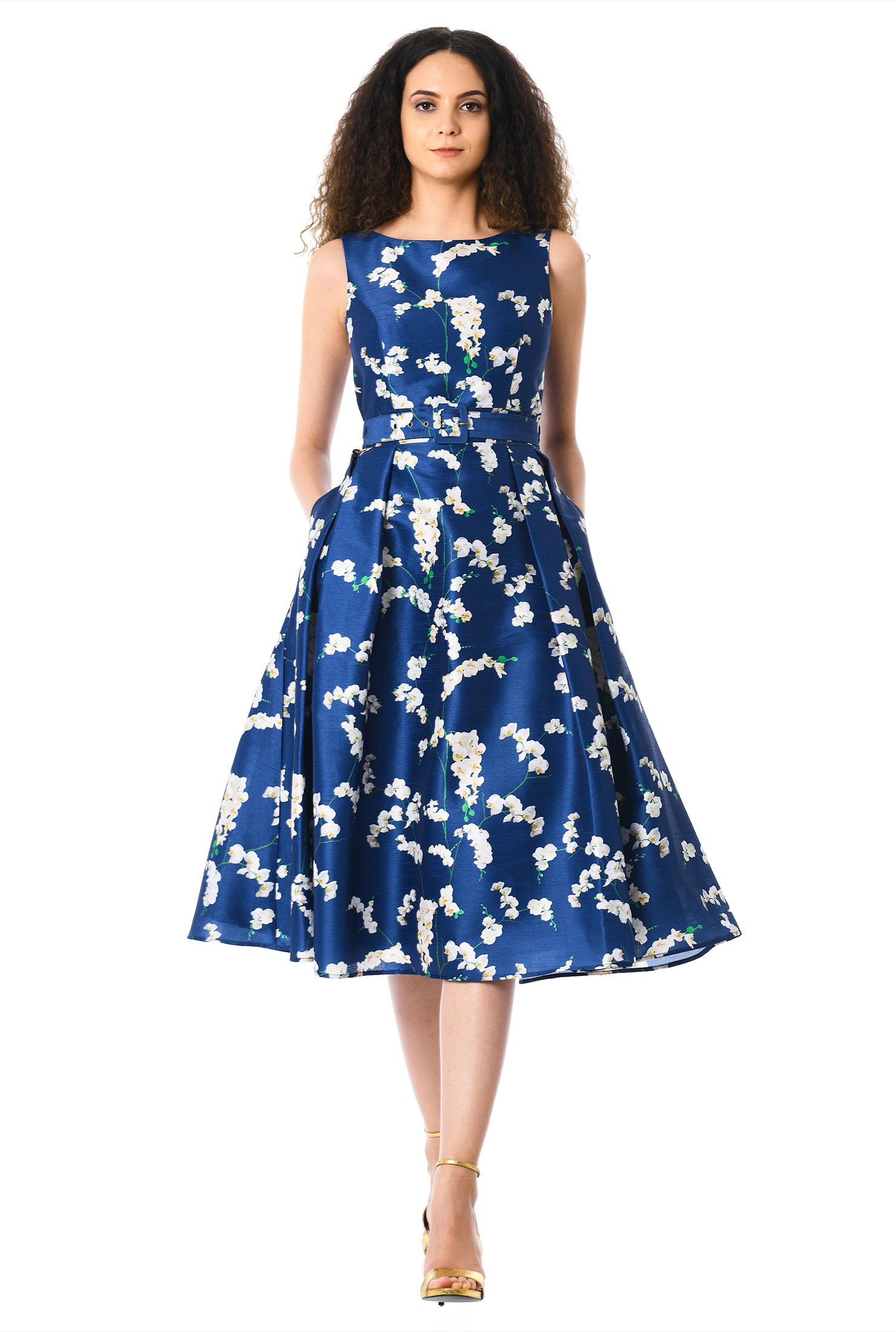 Shop Orchid print dupioni belted dress | eShakti