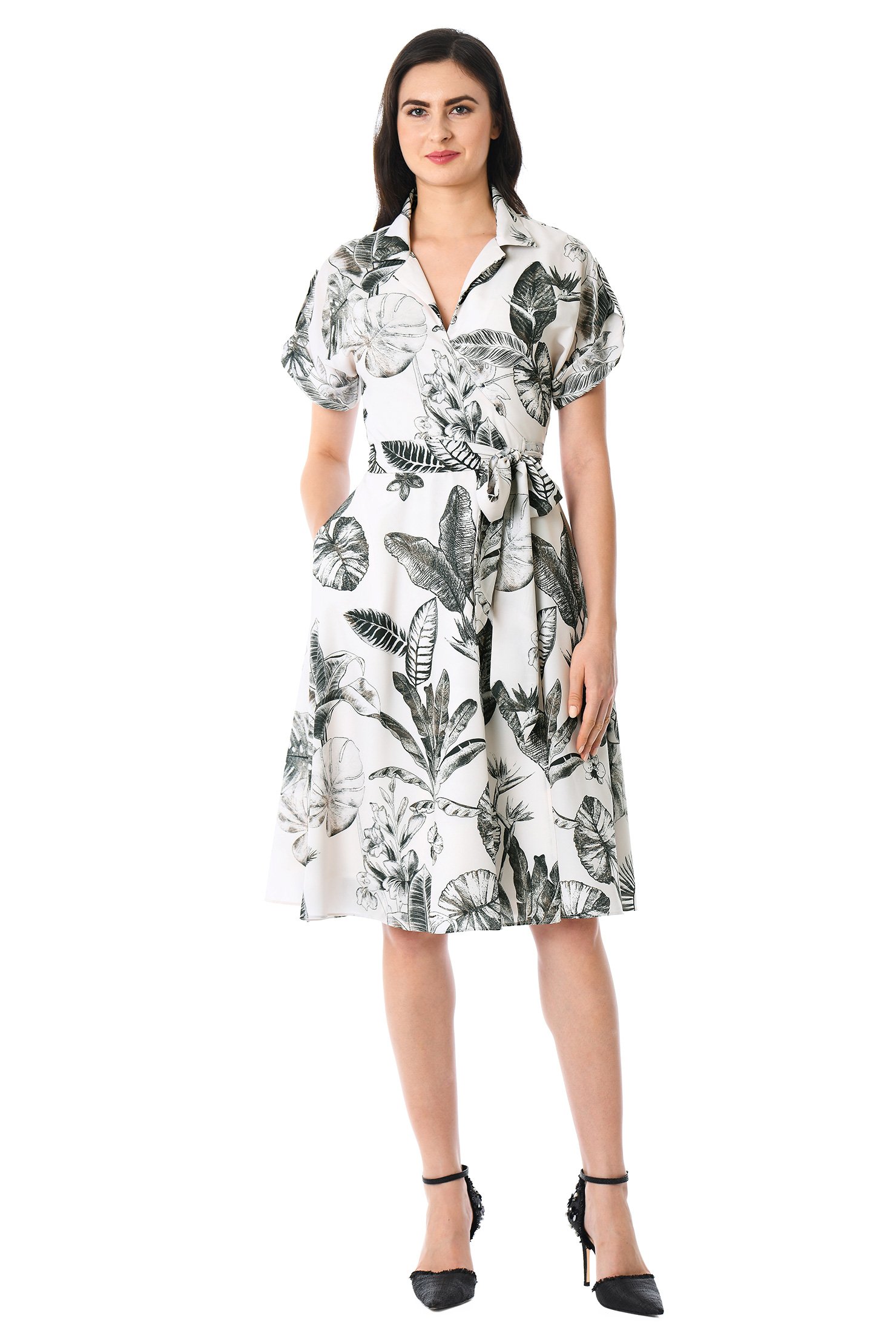 Shop Notch collar tropical palm print crepe wrap dress | eShakti